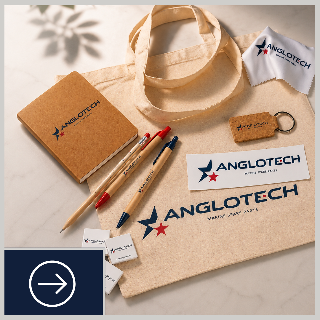 News - Marine Spare Parts Anglotech branded merchandise including a tote bag, notebook, pens, and stickers emphasizing Marine Spare Parts News.